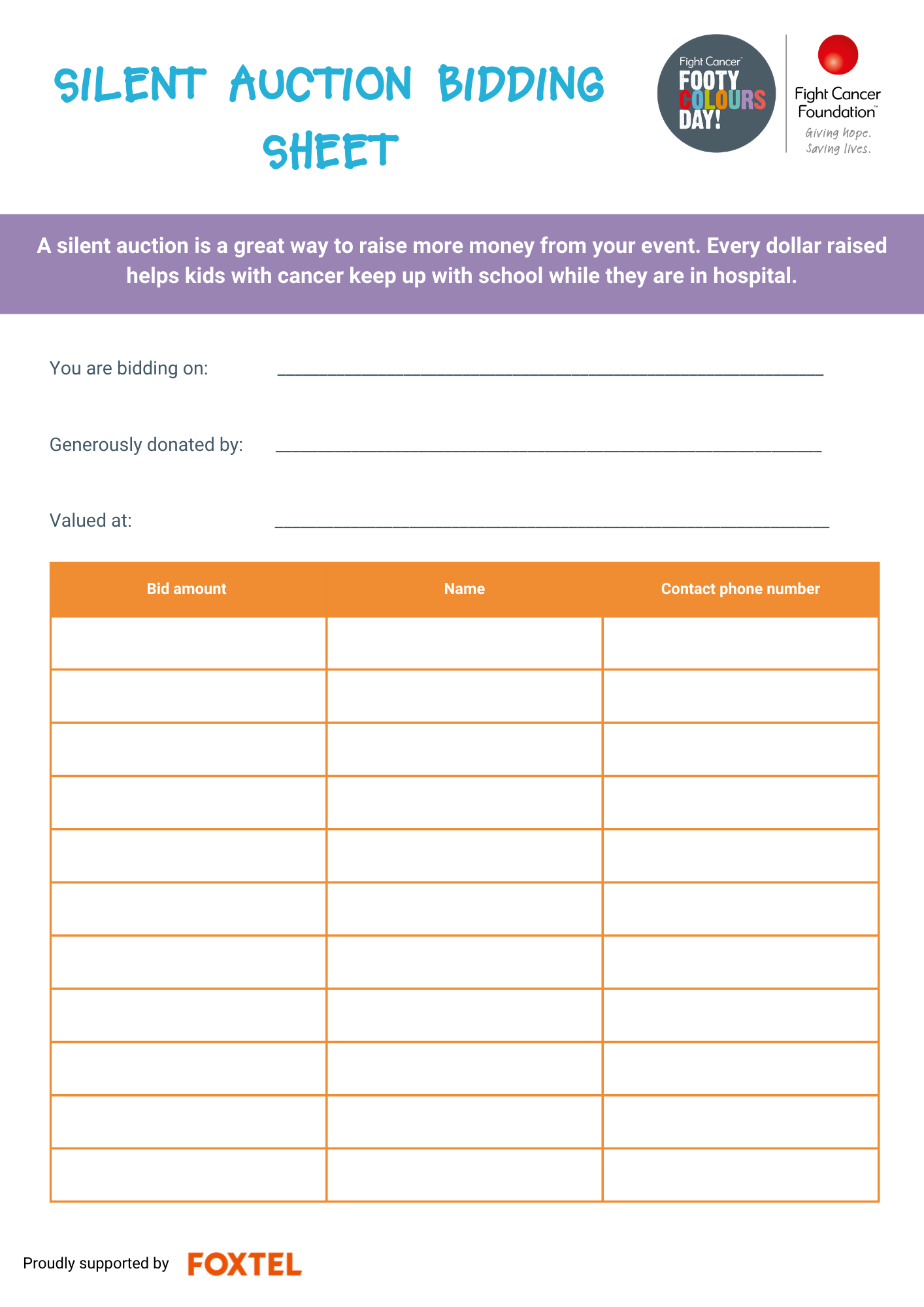 Silent Auction Bidding Sheet
