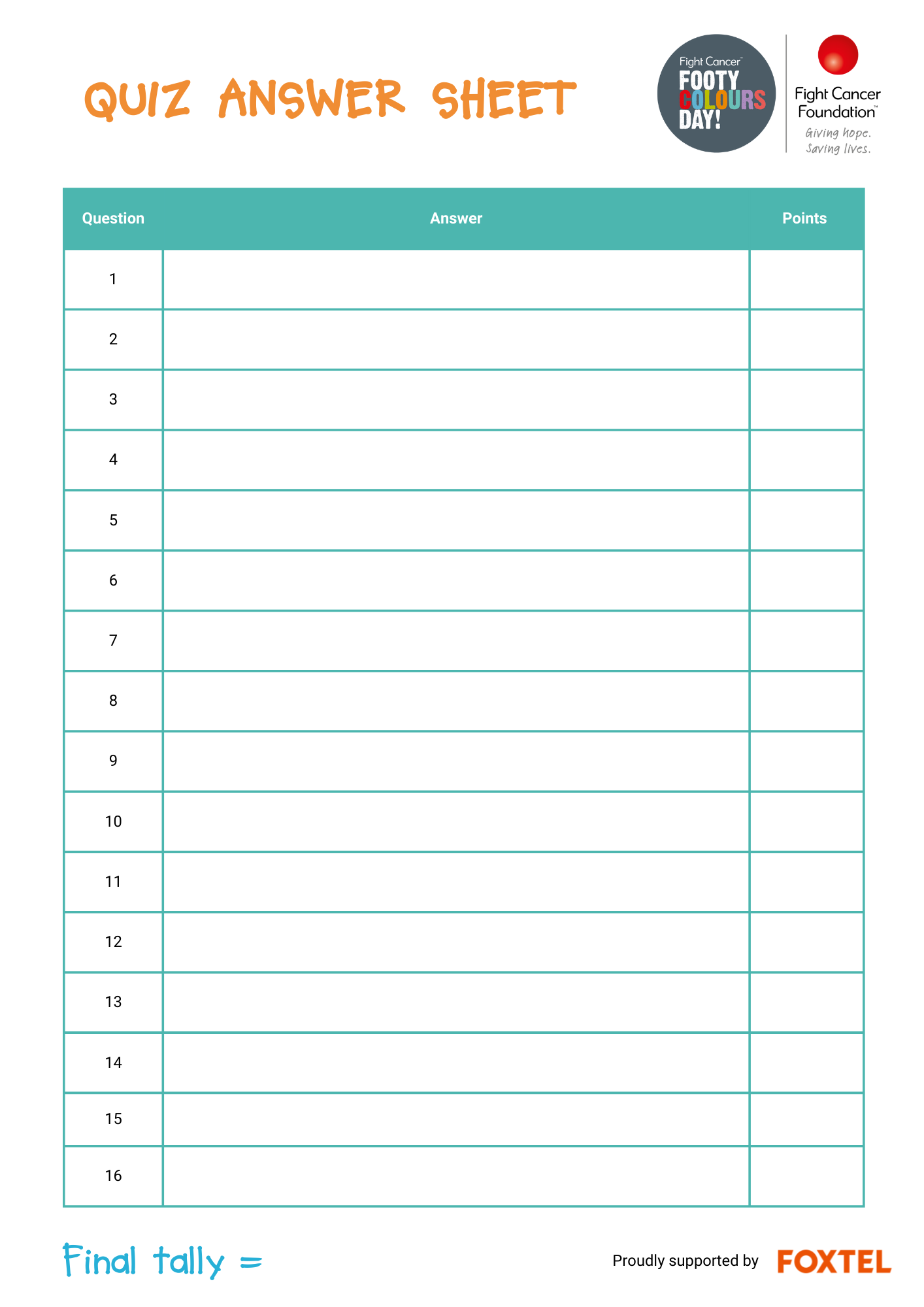 Quiz Answer Sheet