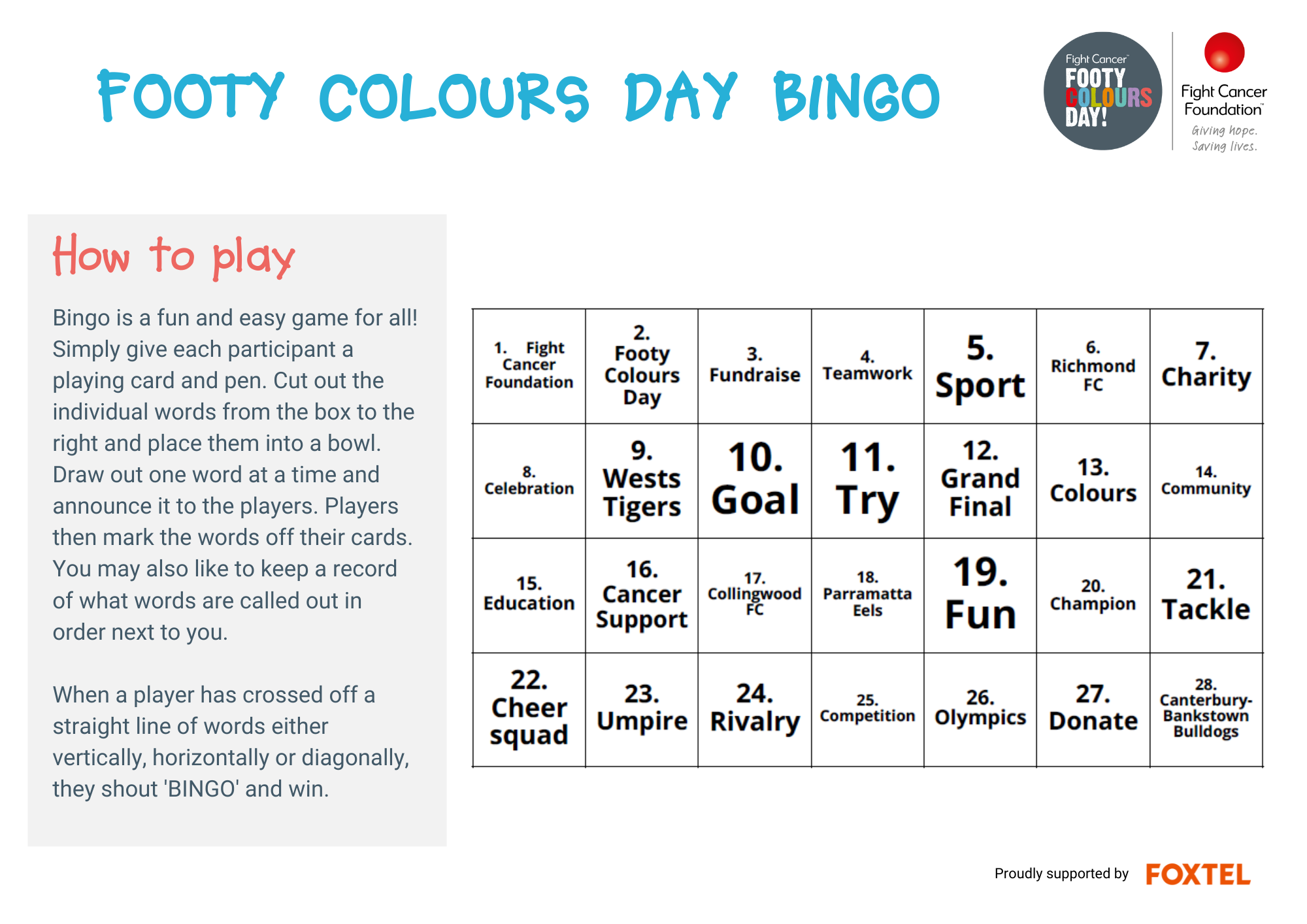 Footy Colours Day Bingo